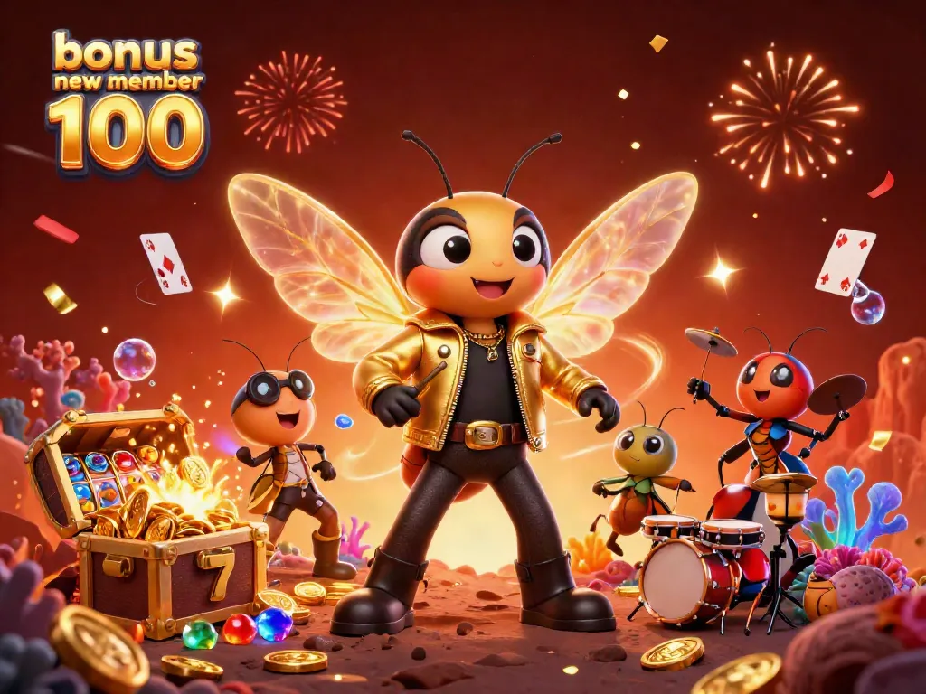 Experience explosive wins with bonus new member 100 in an electrifying casino scene featuring animated characters and gaming elements.
