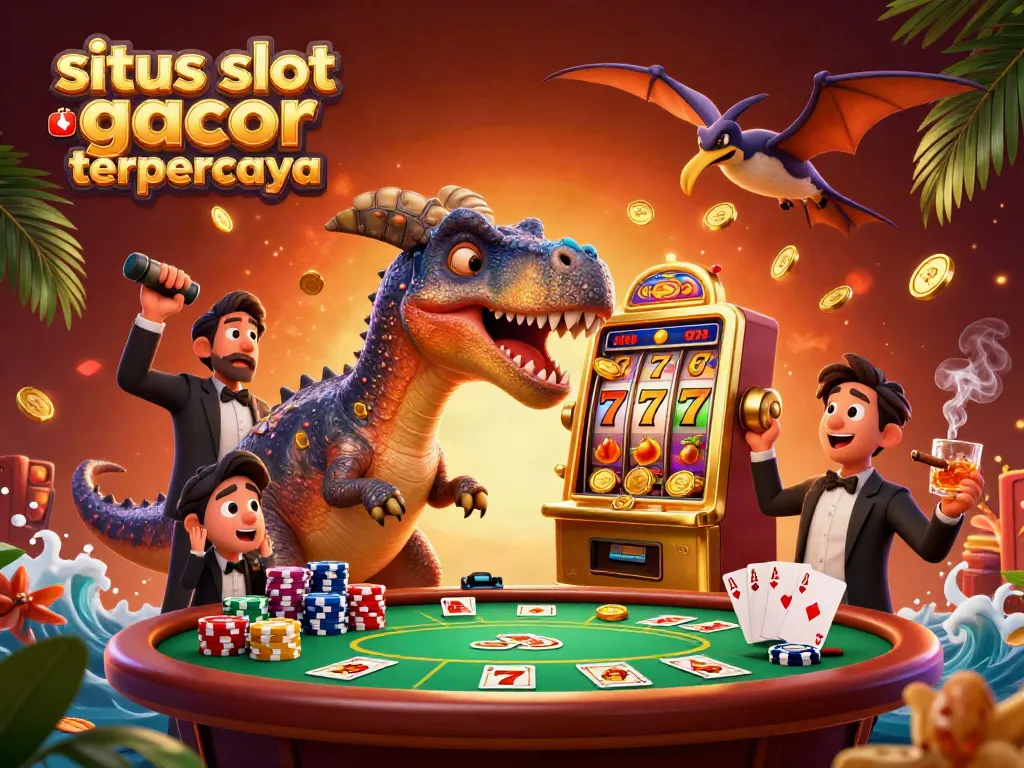 Experience excitement with situs slot gacor terpercaya as a pachycephalosaurus celebrates jackpots in a vibrant casino scene.