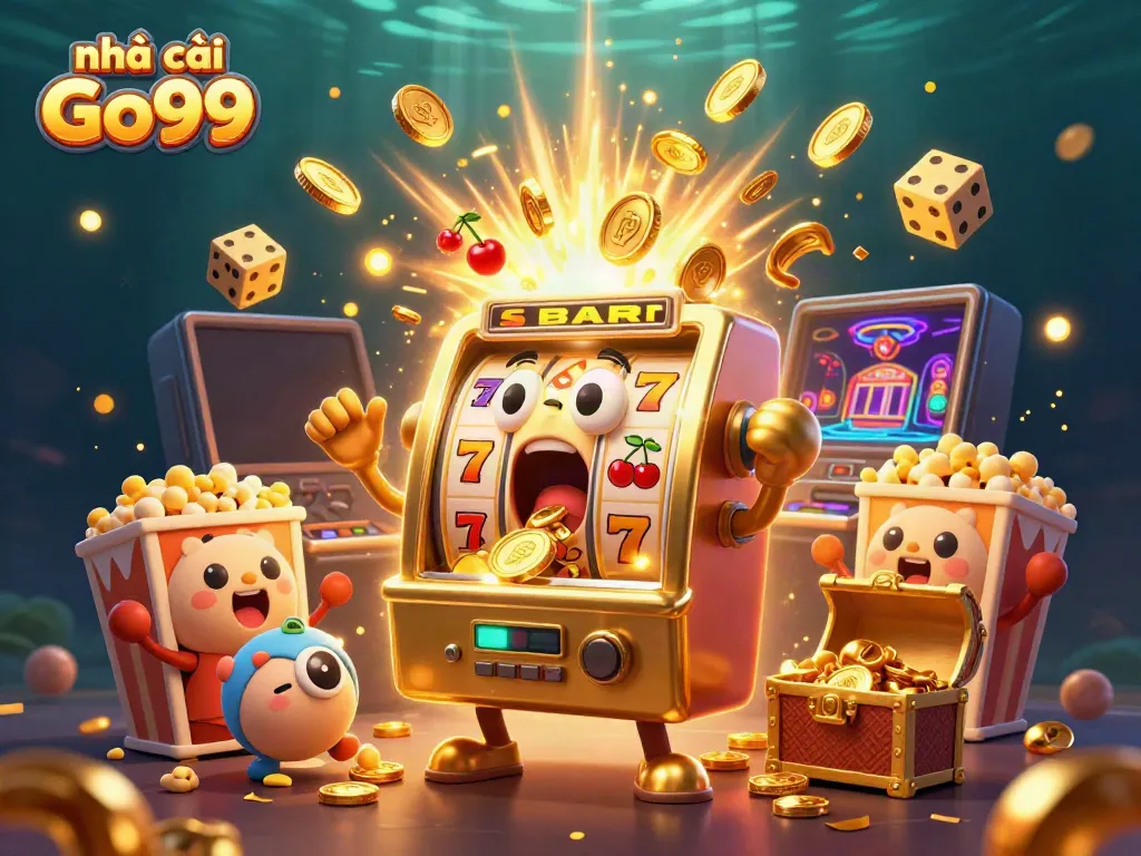 Experience excitement at nhà cái Go99 with a golden slot machine hitting a jackpot amidst a vibrant casino scene.