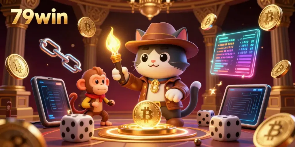 Engage with the thrilling world of 79win as a playful cat explorer unearths a golden casino artifact in a vibrant 3D illustration.