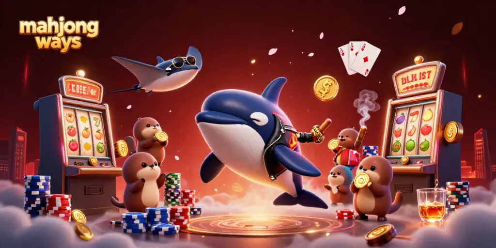 Gambarlah cara memutar mahjong ways dengan karakter kartun orca dan koin emas