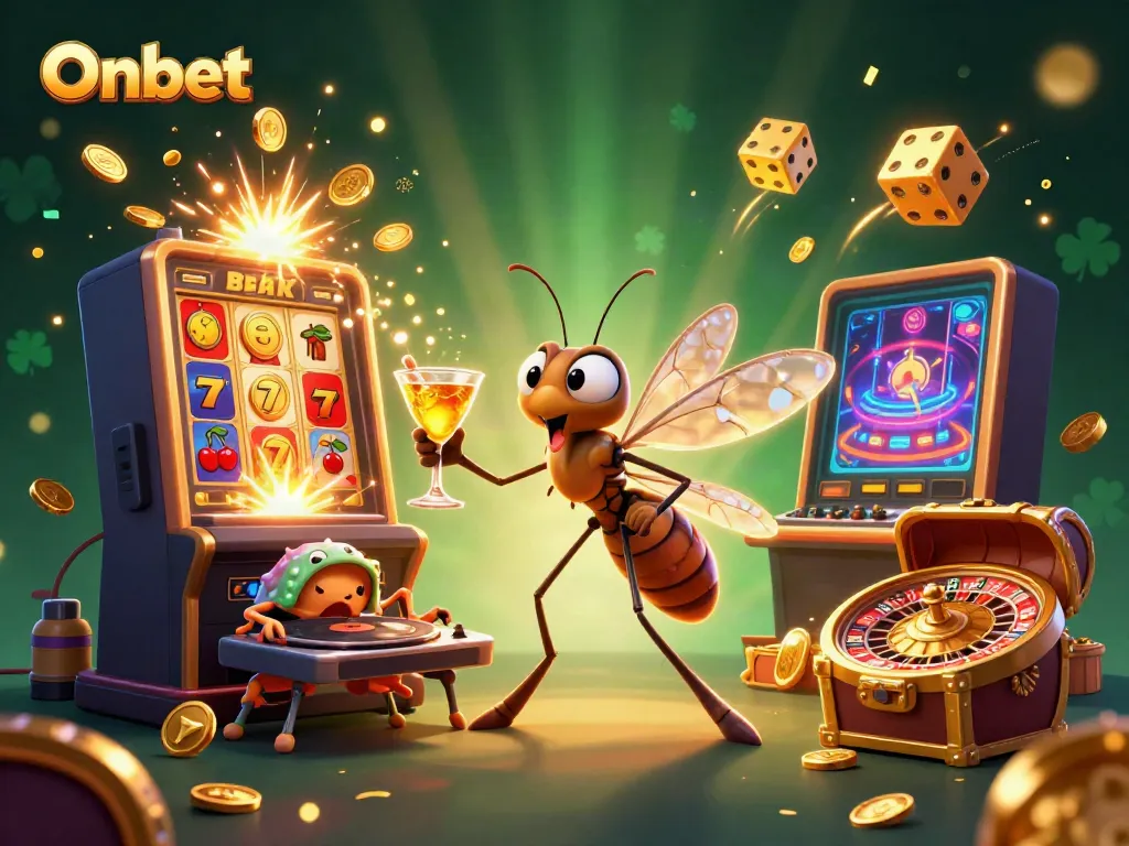 Experience vibrant partying with Onbet's casino mascot and thrilling games at a dynamic gambling scene.