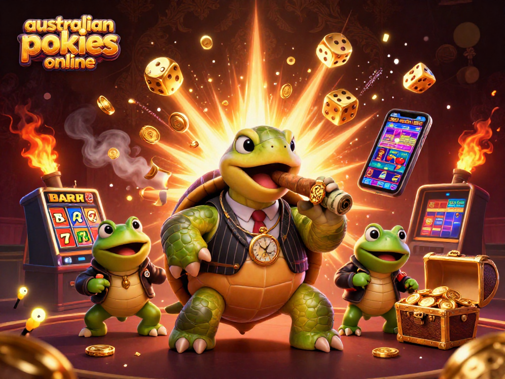 A vibrant 3D cartoon scene depicting australian pokies online, featuring a snapping turtle in pinstripe suit, flanked by bullfrog enforcers.