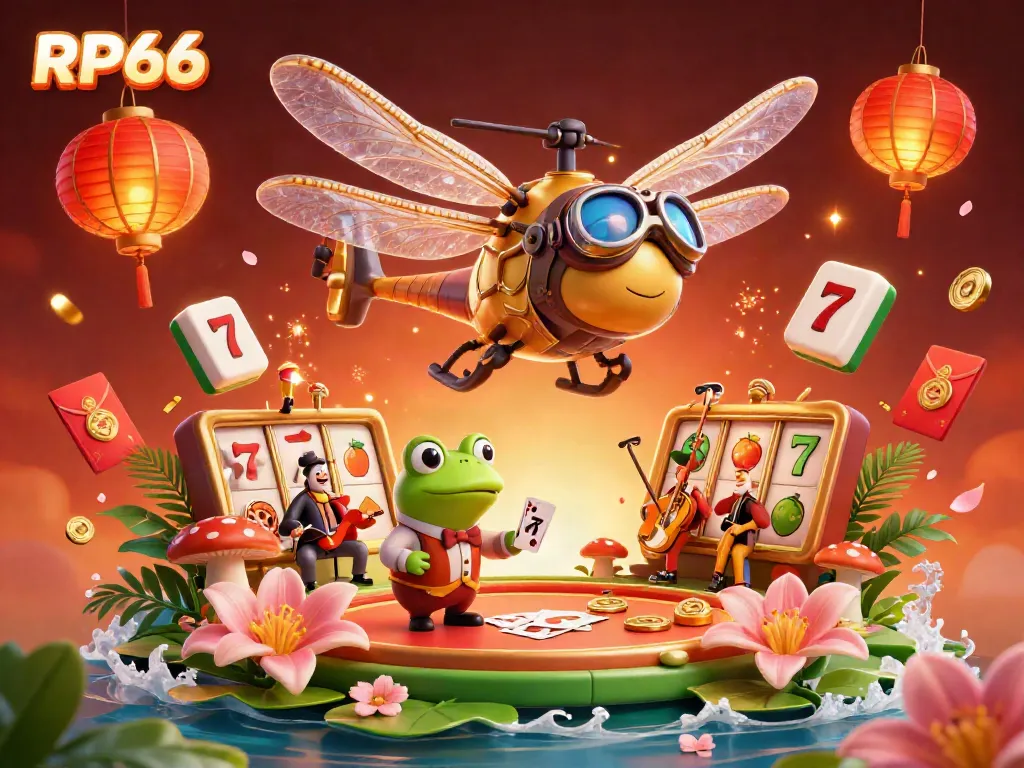 Spin and win with RP66 in this vibrant casino scene featuring lively characters and elements.