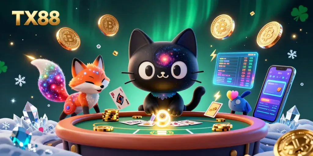 Experience thrilling gameplay at TX88's cosmic casino with vibrant characters and stunning visuals.