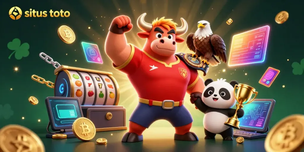 Engage with the exciting world of situs toto as a cartoon bull mascot achieves victory surrounded by digital casino elements.