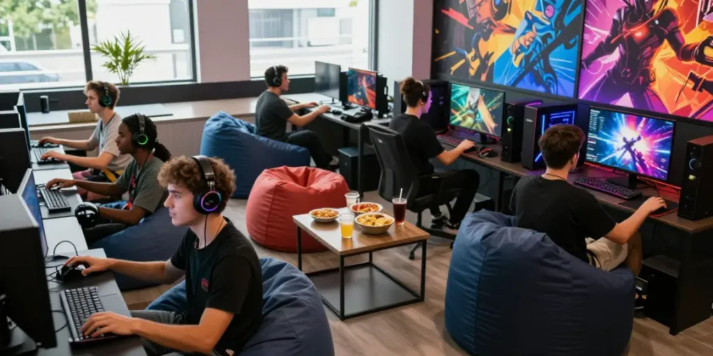 Ruang gaming modern dengan banteng88, sekelompok pemuda bermain game di PC dan konsol.