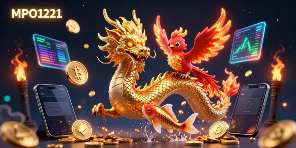 MPO1221 showcases a dynamic illustration of a golden dragon with a fiery phoenix and koi fish among coins, representing exciting gaming.