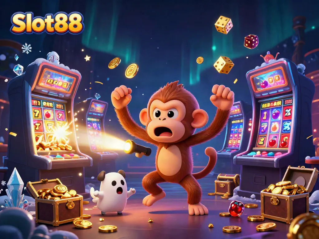 Experience the explosive jackpots of Slot88 with a playful poltergeist monkey and curious puppy in a haunted casino.