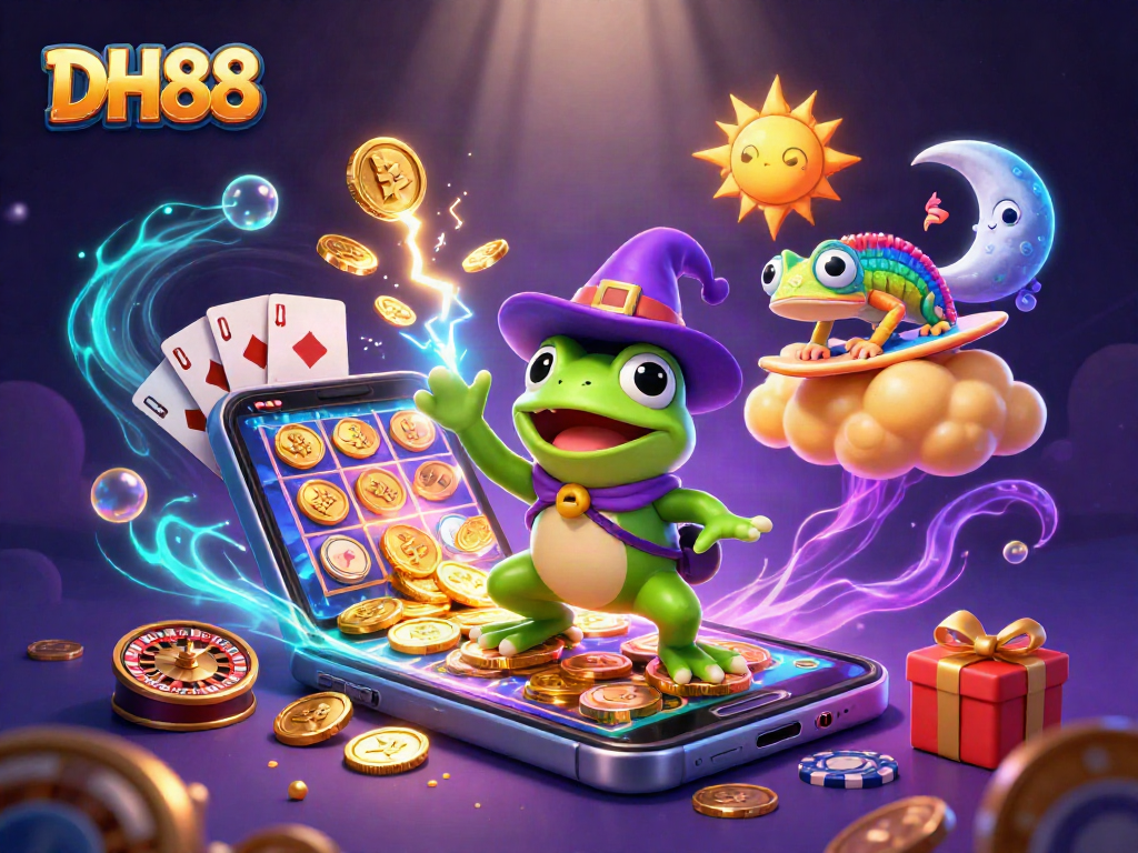 Join the excitement at DH88 with a dynamic 3D illustration of gaming characters and casino elements.
