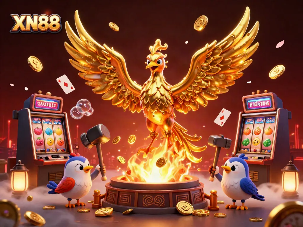 Experience thrilling wins at XN88 with a dynamic 3D scene featuring golden phoenix and slot machines.