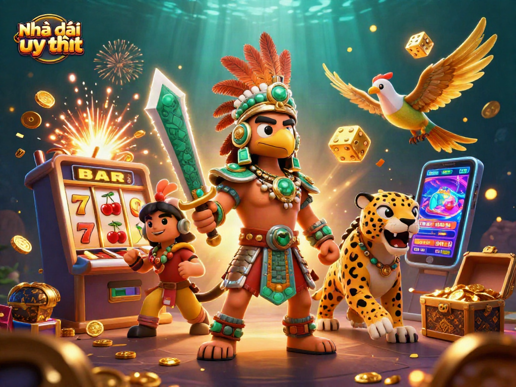 Spin the jackpot at Nhà cái uy tín, featuring an Aztec warrior and vibrant casino elements.