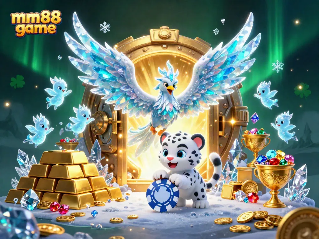 Experience the excitement of mm88 game with a vibrant scene featuring an ice phoenix and treasure.