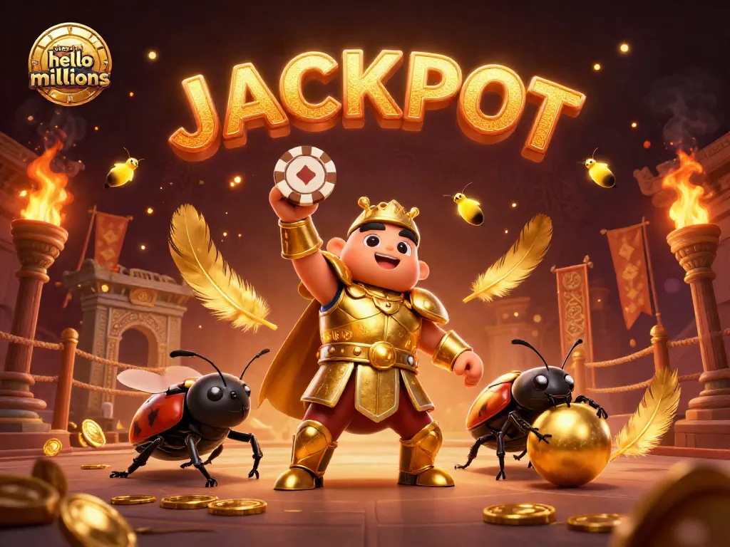 Spin and win at sites like hello millions with the playful hercules beetle in a vibrant casino scene.