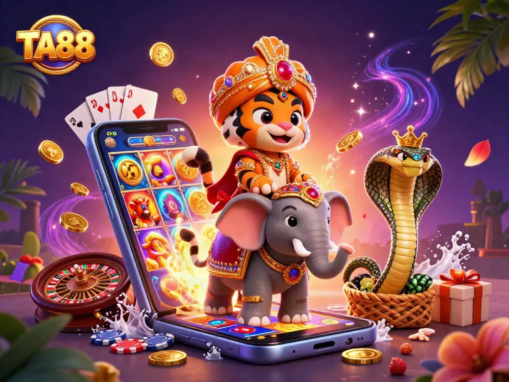 TA88 gaming experience with a vibrant 3D scene showcasing an Indian maharaja tiger and a jewel-encrusted elephant amidst colorful gambling elements.