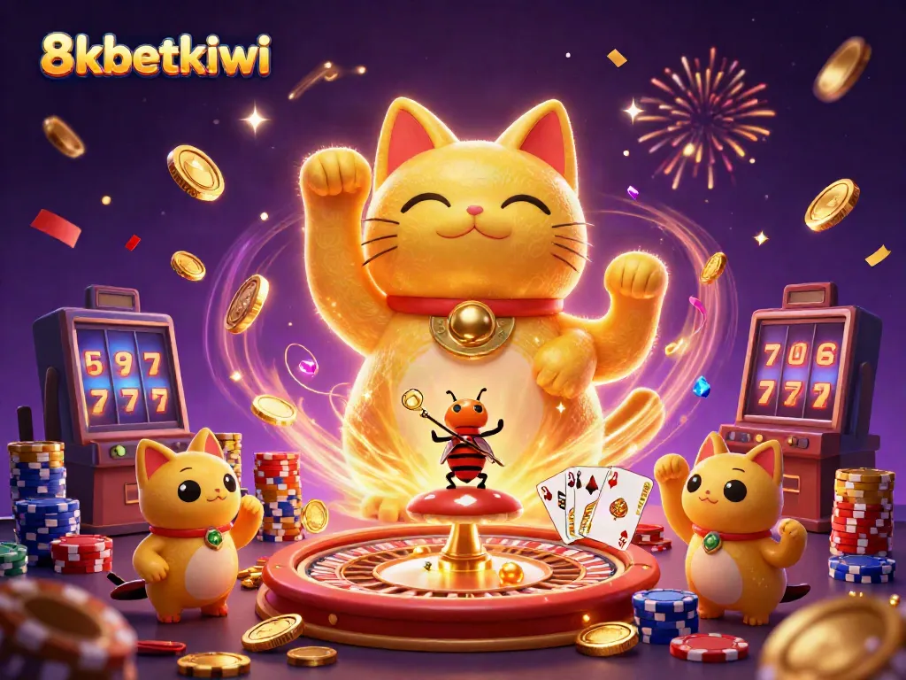 Experience the thrill of 8xbetkiwi with a vibrant illustration of a lucky cat amidst cascading coins and casino symbols.