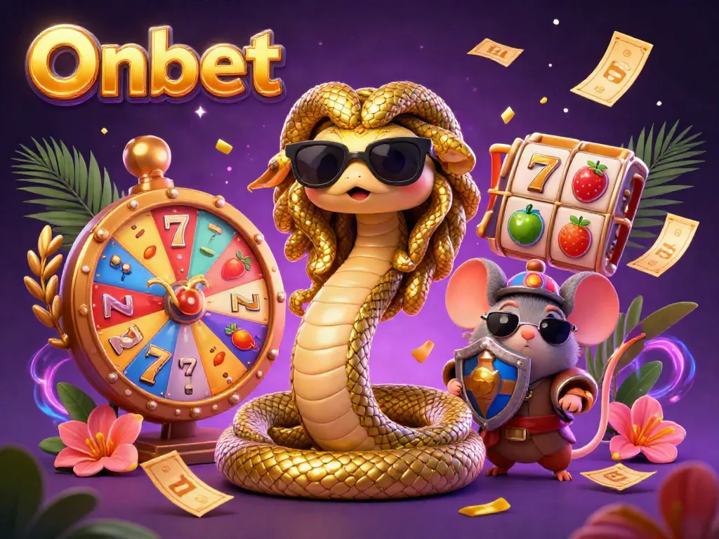 Engage with Onbet's exciting slot games featuring a fun Medusa and a warrior mouse among colorful symbols.