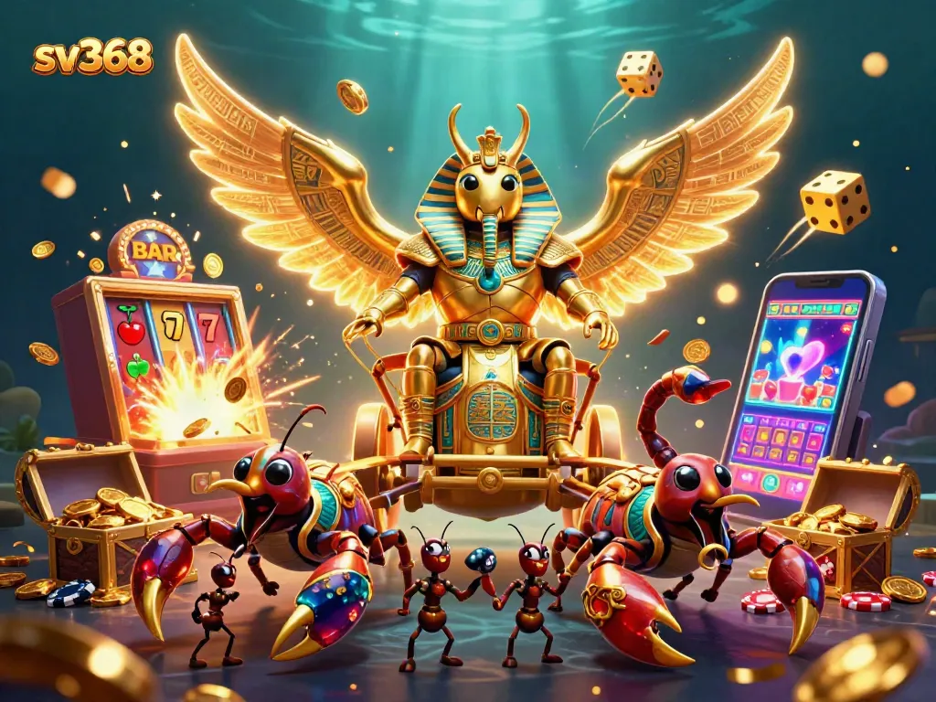 Experience thrilling sv368 action with the colossal scarab beetle and scorpions in a vibrant casino scene.