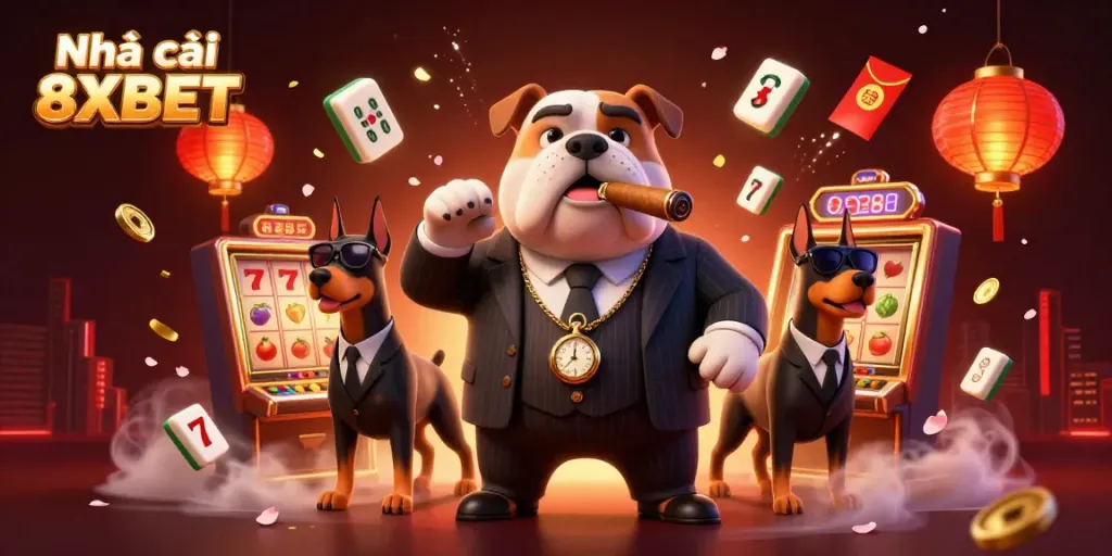 Experience the excitement of Nhà cái 8XBET with stunning 3D casino characters amidst dynamic slot game elements.