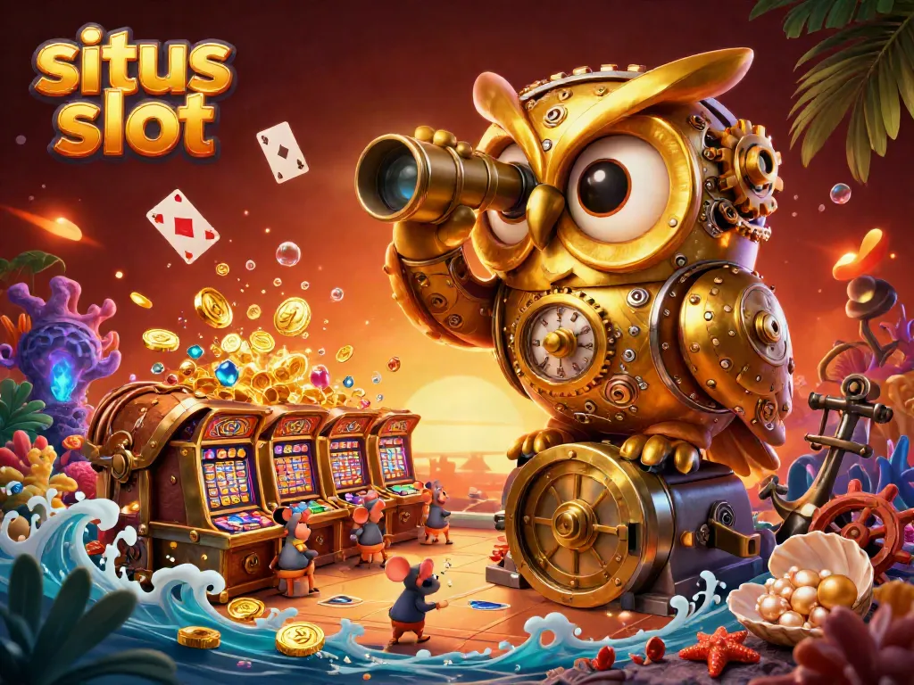 Menangkan situs slot dengan ilustrasi 3D detail tinggi, menampilkan burung hantu emas dan mesin slot.