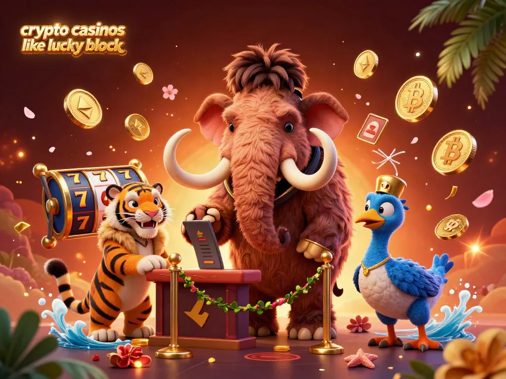 Join the fun at crypto casinos like lucky block with vibrant gaming characters and elements around them.