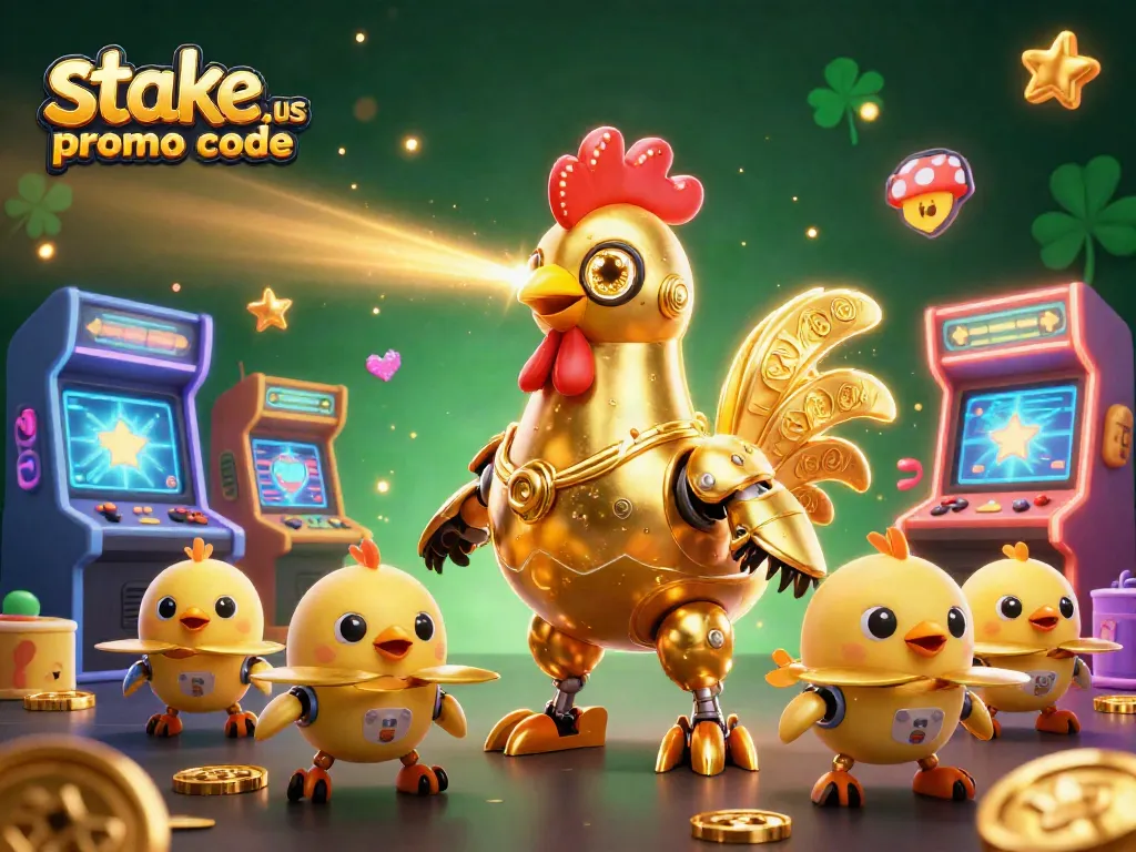 Play with stake.us promo code for exciting casino bonuses in a vibrant 3D arcade scene.