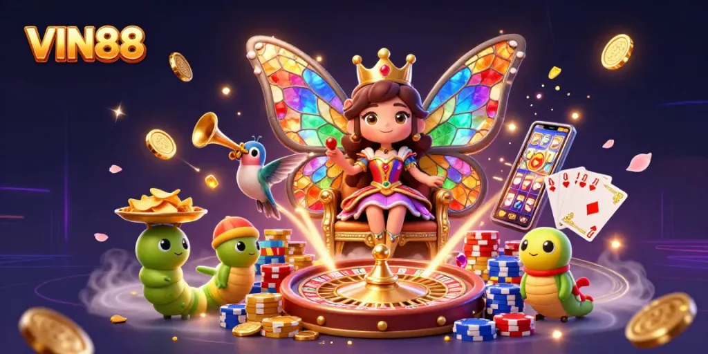 Play and win with VIN88 in a vibrant 3D casino featuring a butterfly queen and golden riches.