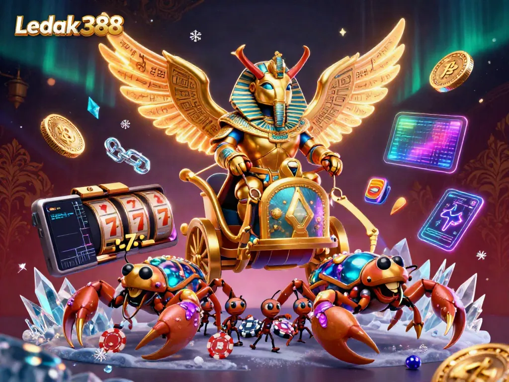 Experience the thrill of winning with Ledak388's vibrant casino scene featuring a majestic golden scarab and slots.
