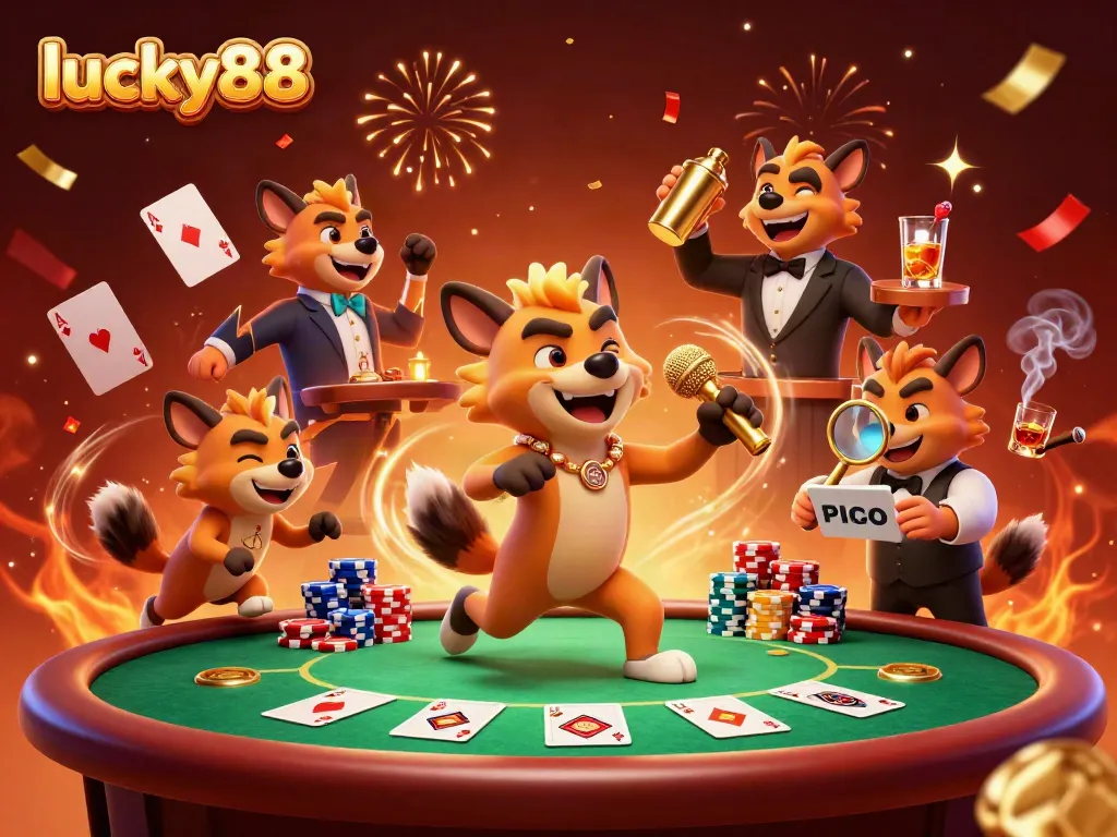 Experience laughter and excitement at lucky88's comedy casino club featuring hyenas and poker elements.