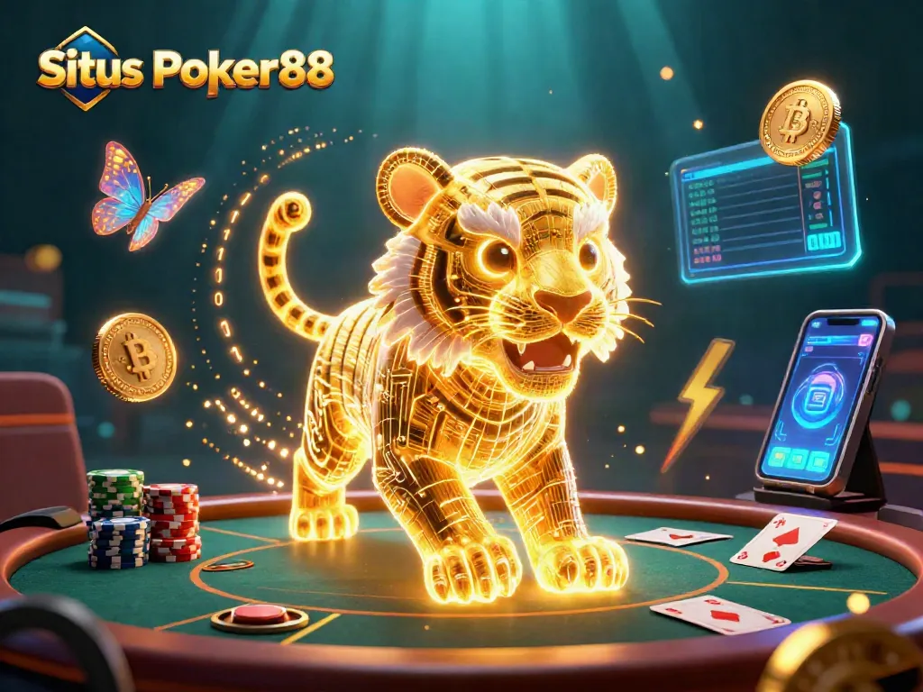 Situs Poker88 showcases an energetic scene with a neon tiger in a vibrant digital casino landscape.