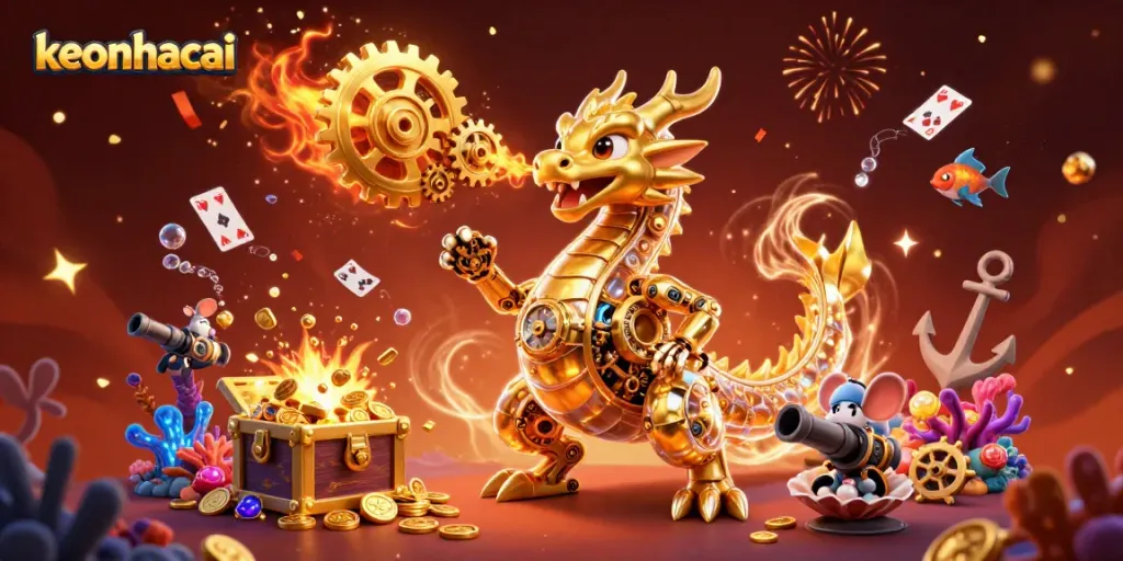 Experience the thrill of keonhacai with a golden dragon surrounded by riches and festive elements.