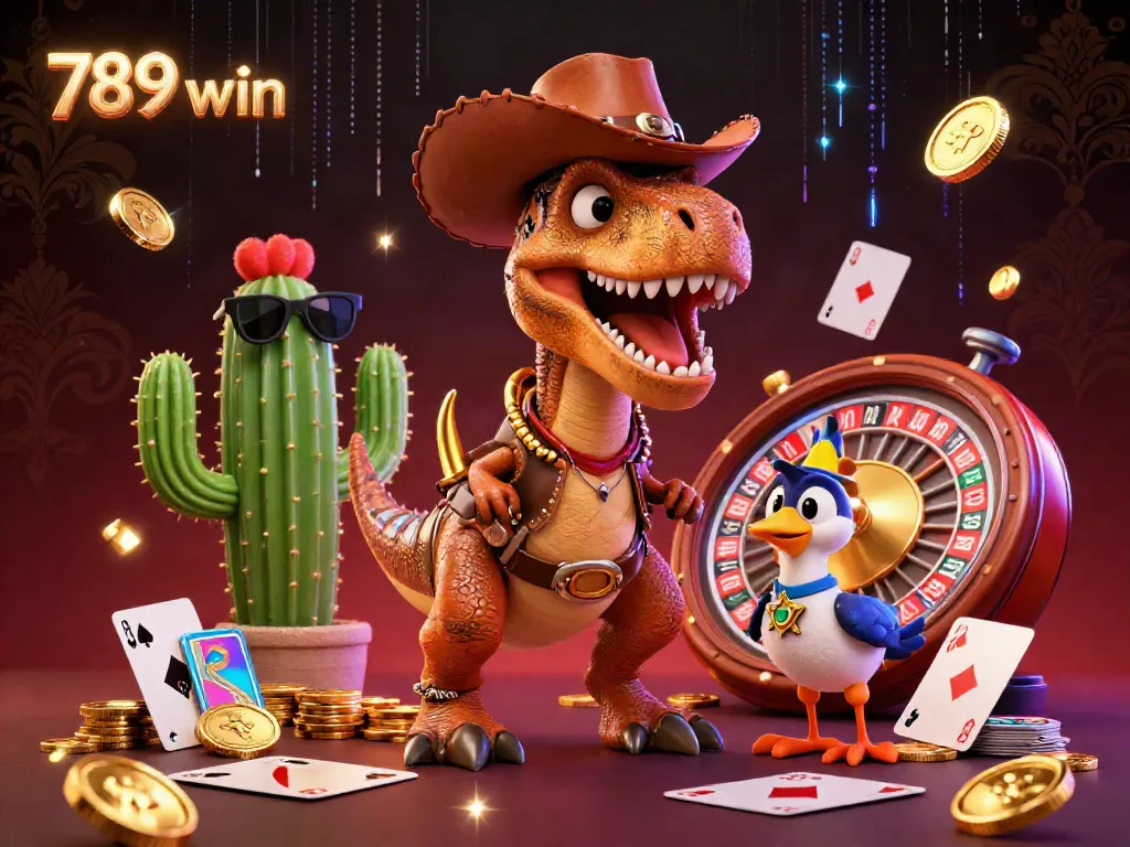 Join the fun at 789 win with this vibrant scene of casino excitement featuring cartoon characters and games.