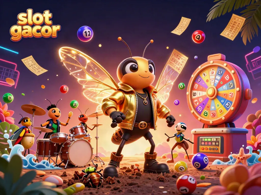 Experience the vibrant energy of slot gacor with a rock star cicada in a dynamic casino scene.
