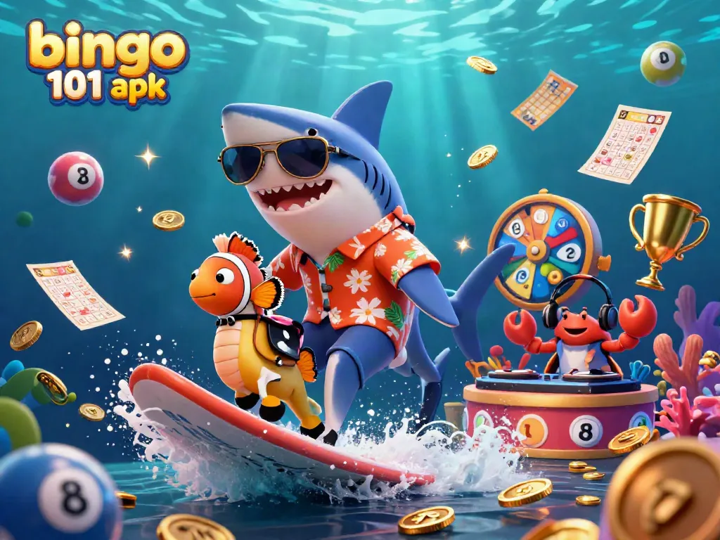 Engage in bingo fun with Bingo 101 APK, featuring a vibrant 3D shark and friends.