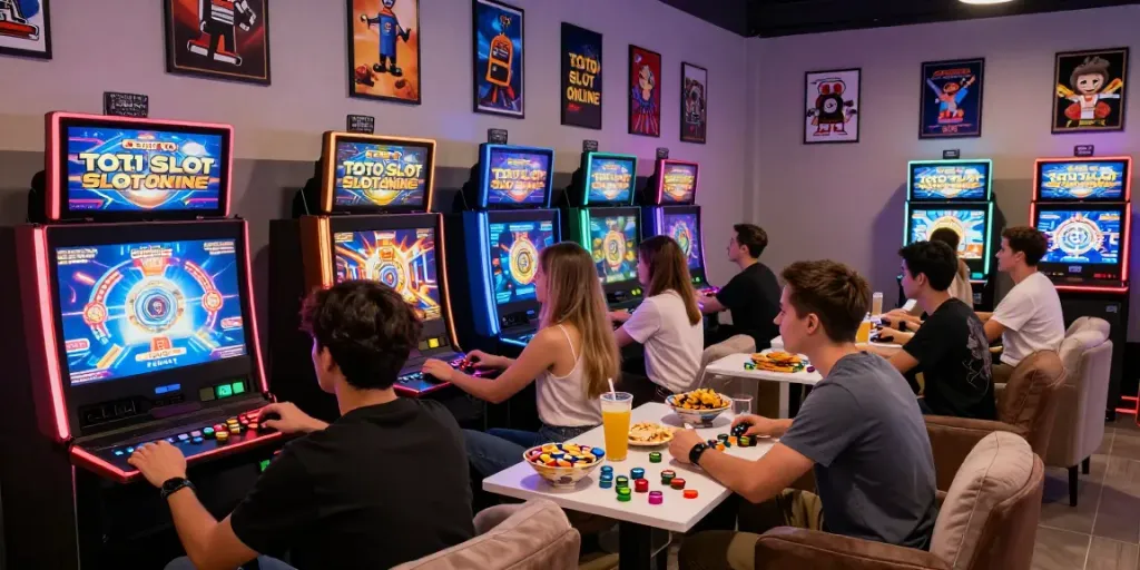 Friends enjoying a lively gaming session focused on toto slot online with interactive gaming consoles and vibrant surroundings