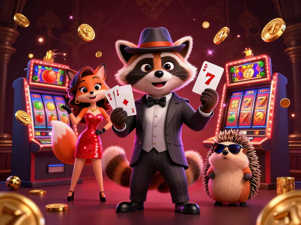 Rakun, rubah, dan landak beraksi dalam slot kasino agenjitu dengan simbol keberuntungan dan kilau emas.