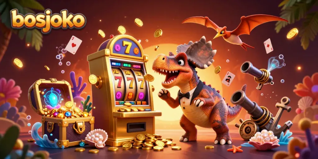 Experience the excitement of bosjoko as a pachycephalosaurus hits a jackpot, revealing swirling coins.