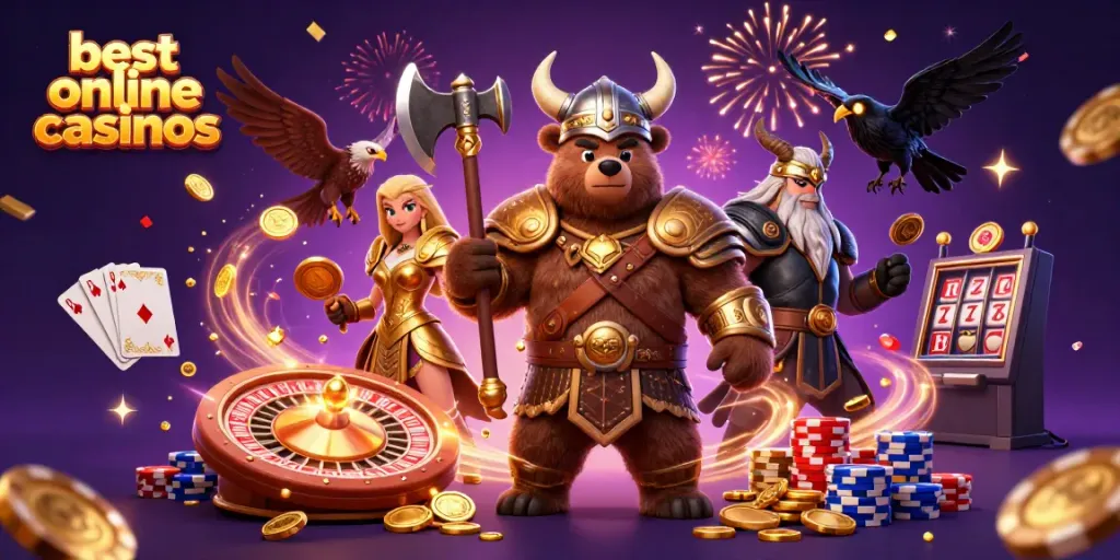 Experience exhilarating gameplay at the best online casinos with a Viking bear, Valkyrie eagle, and dazzling game elements.