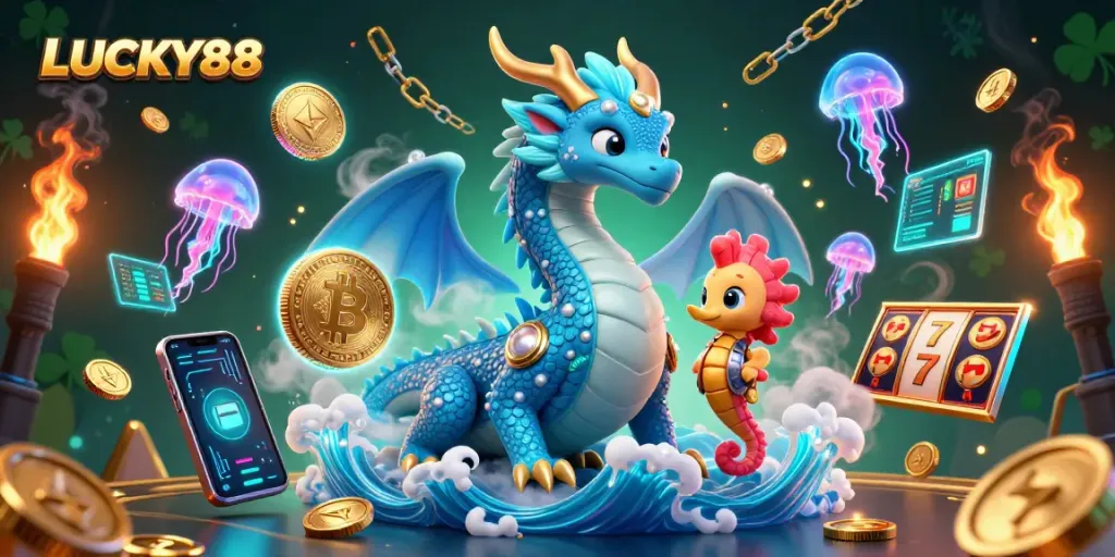 Spin and win with LUCKY88 in this vibrant 3D casino scene, featuring dynamic symbols and characters.