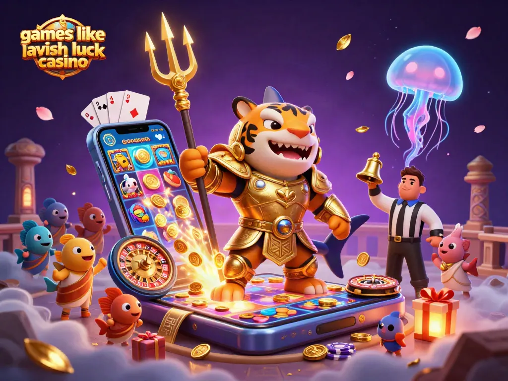 Experience games like Lavish Luck Casino with dynamic slots and casino action in this vibrant illustration.