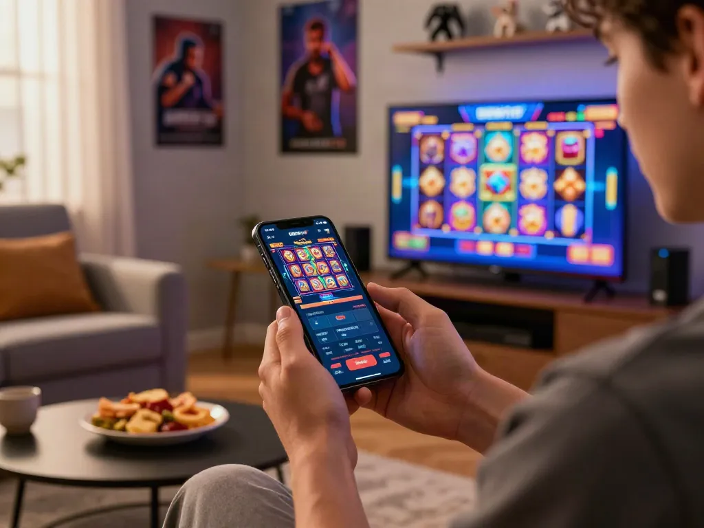 Pengguna DEWI19 bermain slot gacor di smartphone dalam suasana nyaman di ruang tamu.