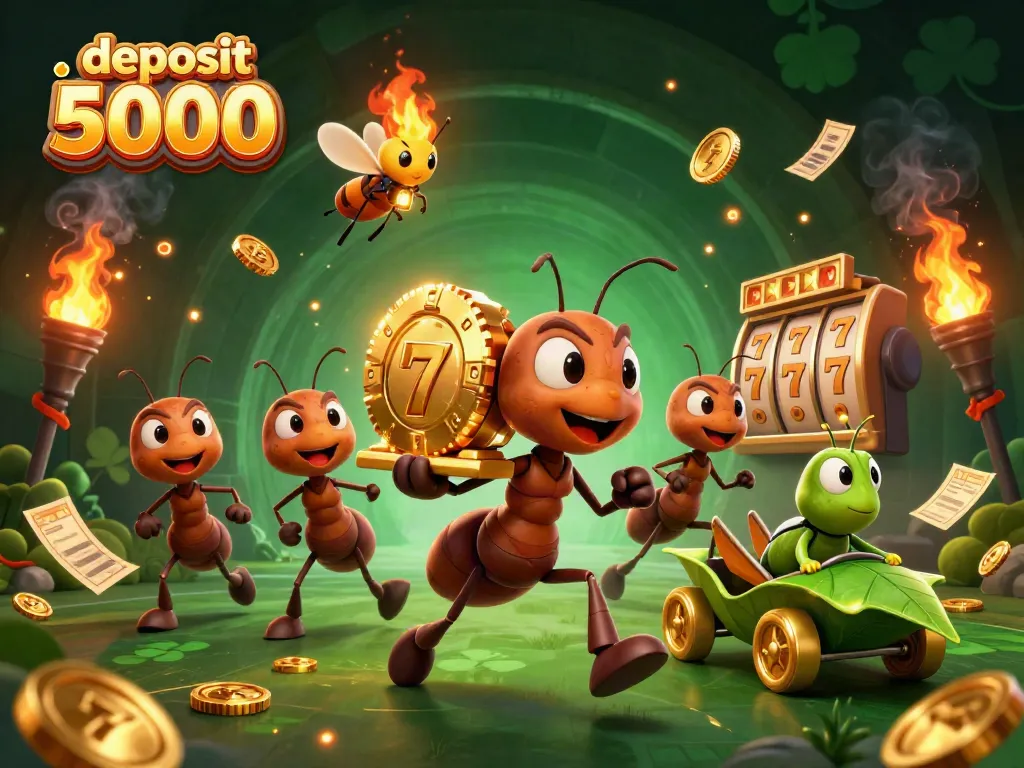 Engaging scene showcasing a 3D cartoon team of ants with a giant slot chip, illustrating the concept of deposit 5000 in an exciting gambling context.
