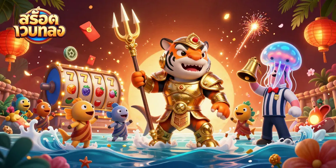 Experience thrilling action with สล็อตเว็บตรง, featuring a cartoon tiger shark wielding a trident among dynamic casino elements.