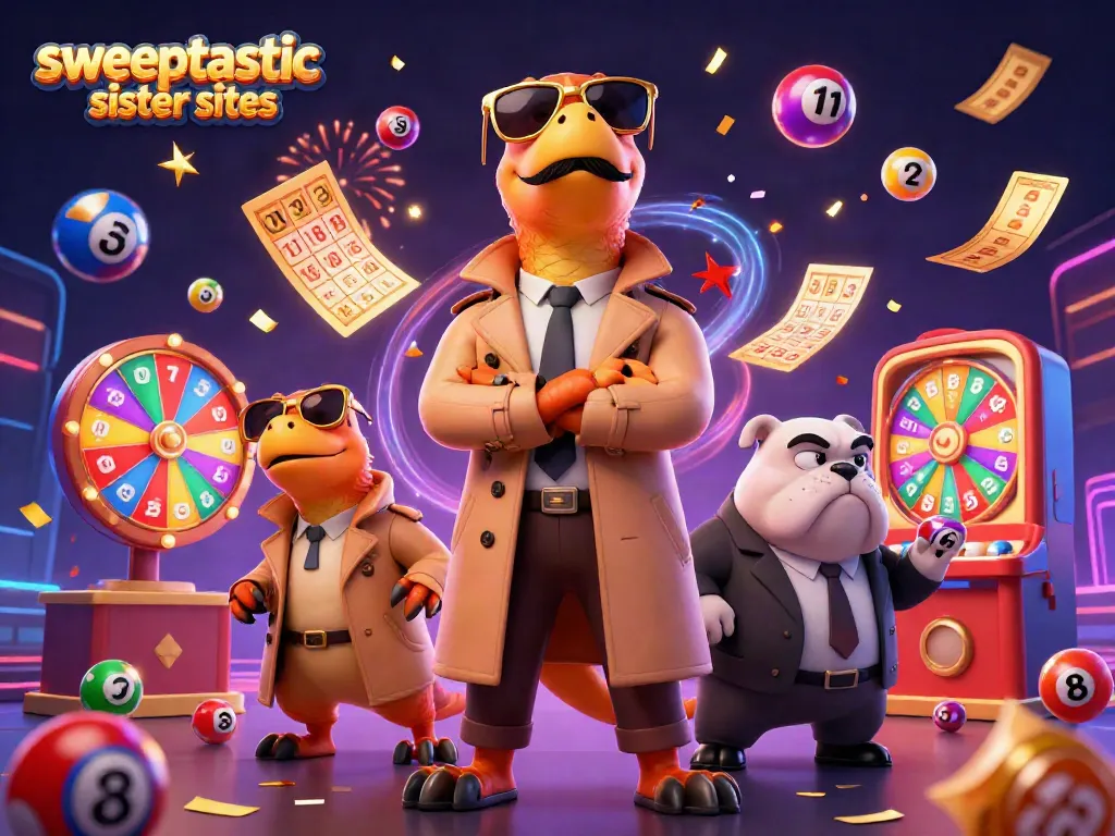 Sweeptastic sister sites playful scene with raptors entering a casino lounge, vibrant lottery elements surrounding.