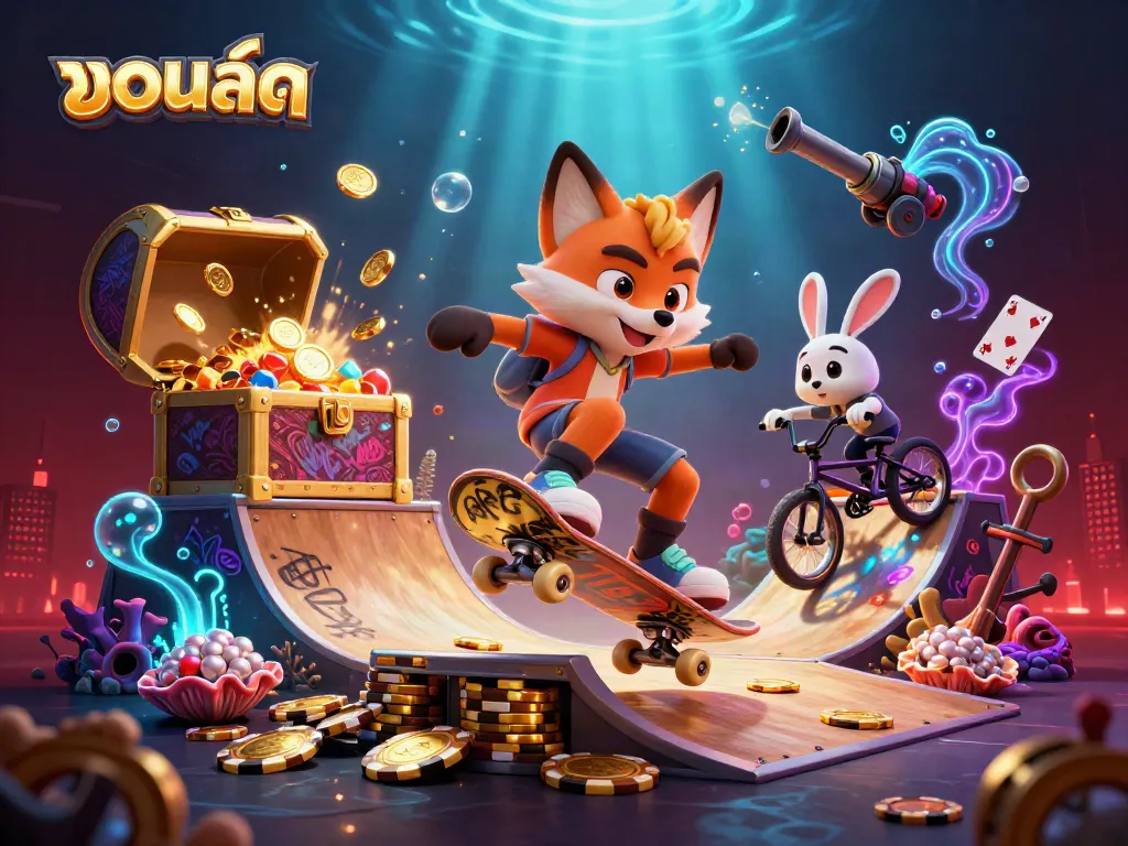Experience the thrill of บอลสด with a vibrant scene featuring a skateboarder fox and a BMX rabbit in a casino-themed illustration.