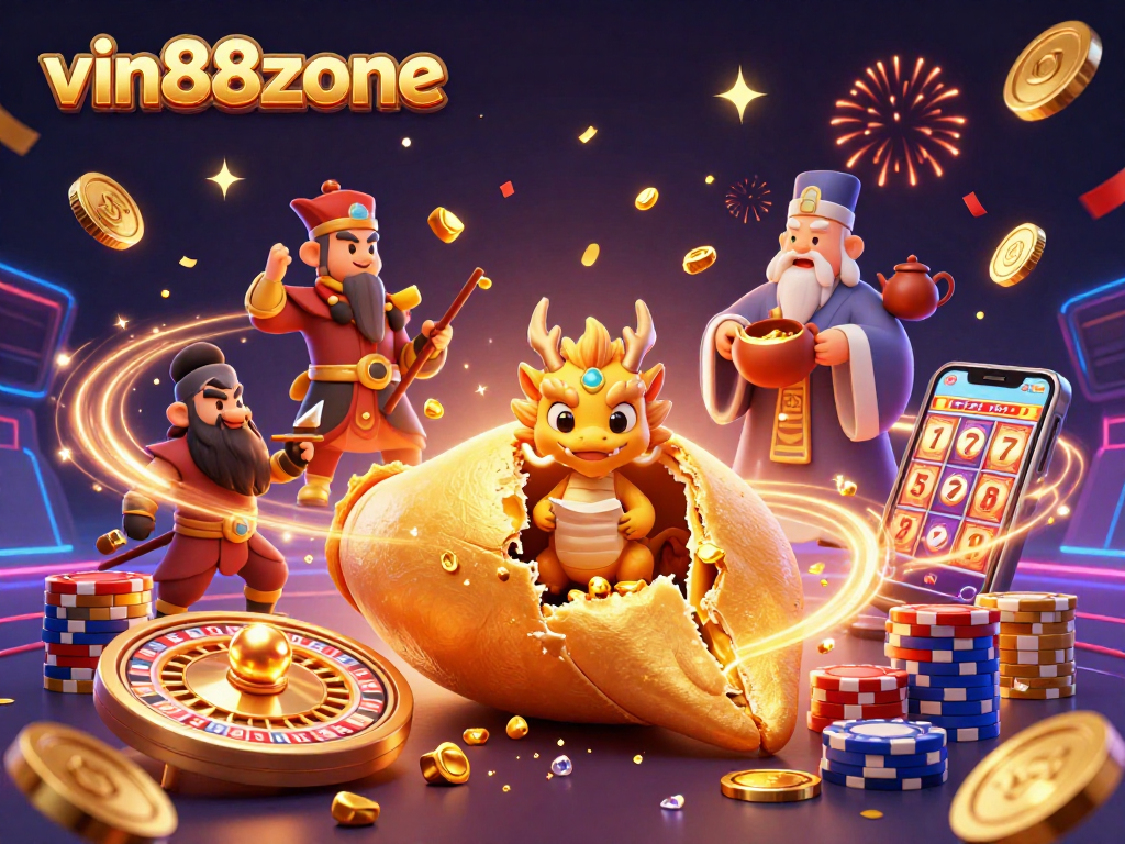 Win big at vin88zone with a vibrant 3D casino scene featuring lucky symbols and exciting gameplay.