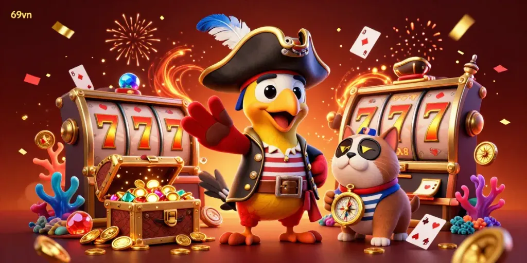 Experience epic wins with 69vn as the pirate captain, bulldog first mate, and navigator cat engage in thrilling casino adventures.