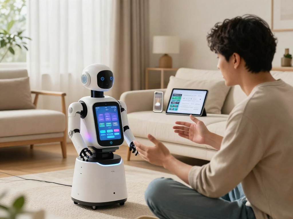 Interactive sex bot providing companionship in a modern home setting with ambient lighting