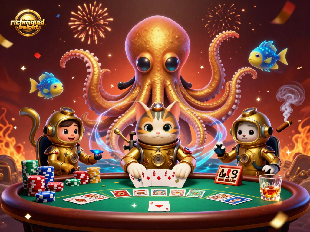 Richmondheight menampilkan kraken 3D raksasa dan kucing menyelam dalam suasana kasino yang meriah