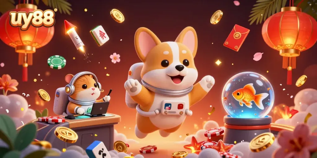 Engage with uy88 in a vibrant casino adventure amidst a 3D space scene overflowing with coins and gaming elements.